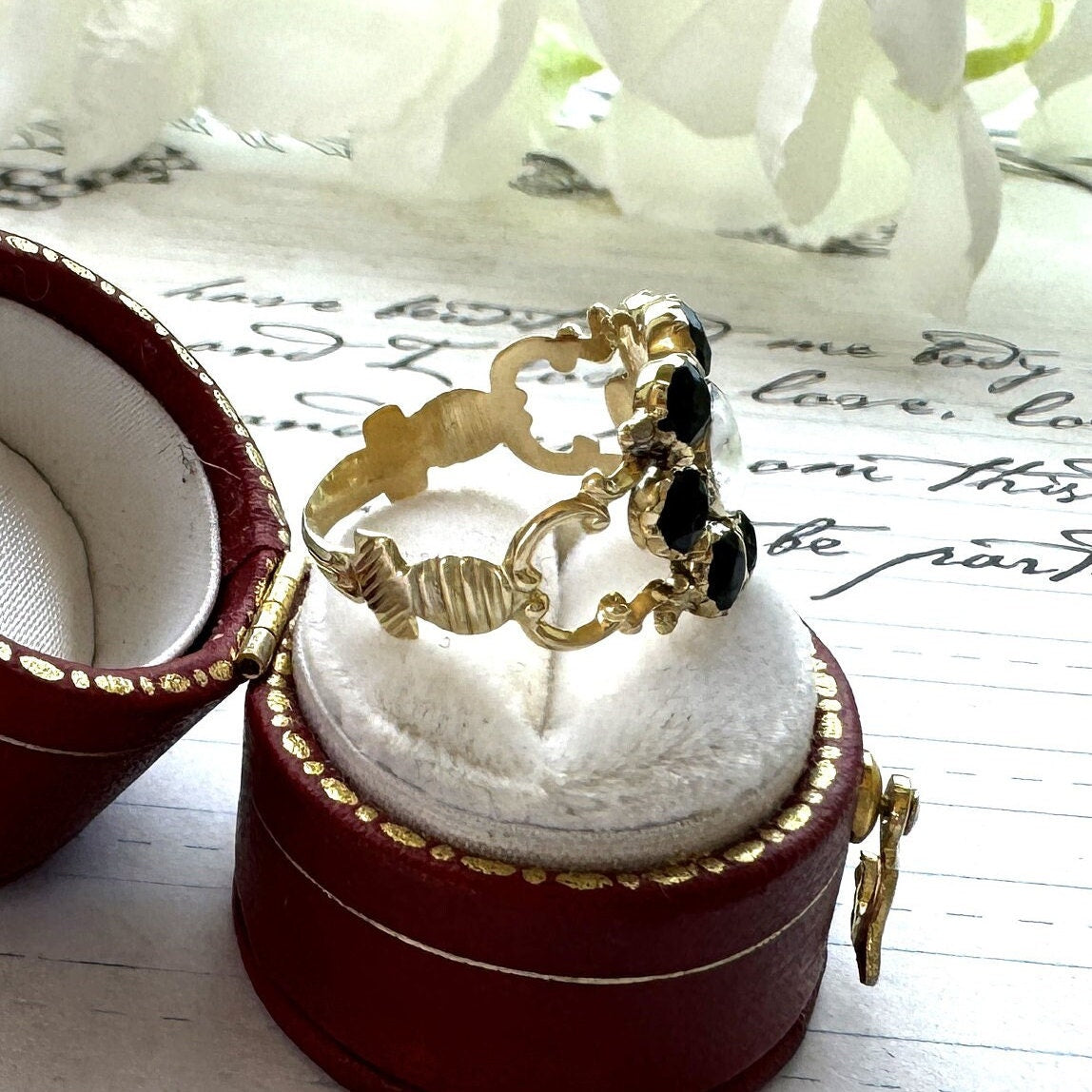 Georgian 18ct Gold & Black Paste Mourning Ring With Hair Locket Compartment