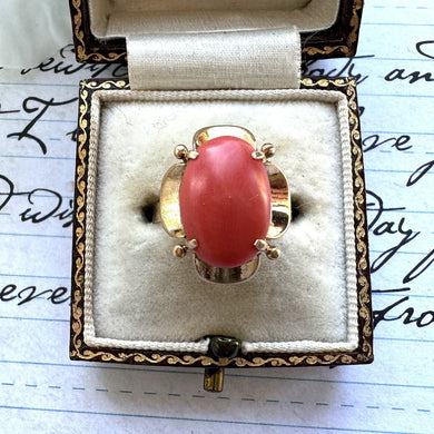 Vintage 14ct Gold Italian Red Coral Solitaire Ring. Massive Retro Flower Coral Cabochon Ring. 1970s Statement Cocktail Ring, Size P/7.75