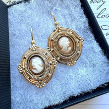 Load image into Gallery viewer, Victorian 9ct Gold Etruscan Revival Cameo Drop Earrings. Antique 9ct Gold Large Hook &amp; Pendant Drop Earrings. Victorian Statement Earrings
