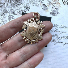 Load image into Gallery viewer, Antique Victorian 9ct Gold Large Pendant Fob. Chester 1892 Engraved 9ct Gold Watch Chain Fob. Antique Rose Gold Fancy Fob Pendant.
