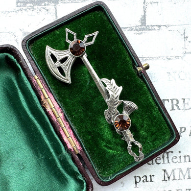 Vintage Scottish Silver Battle Axe & Thistle Brooch. Medieval Celtic Axe Kilt Pin. Sterling Silver Paste Cairngorm Figural Lapel Pin