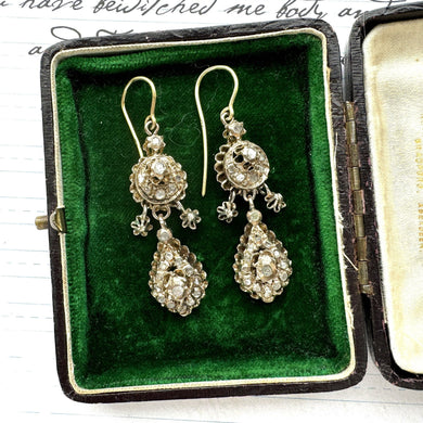 Antique Georgian Gold & Mine Cut Rough Diamond Mughal Earrings. Long Pendeloque Drop Gold Earrings. Diamond Earrings With 18ct Gold Hooks