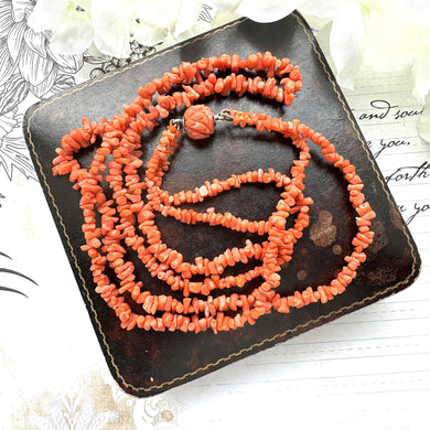 Victorian Carved Coral Bead 2-Strand Necklace. Antique Natural Salmon Red Mediterranean Coral Nugget Bead 2-Strand Necklace