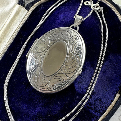 Vintage English Silver Large Oval Engraved Locket Pendant Necklace. Art Nouveau Style Floral Sterling Silver Photo/Keepsake Locket On Chain
