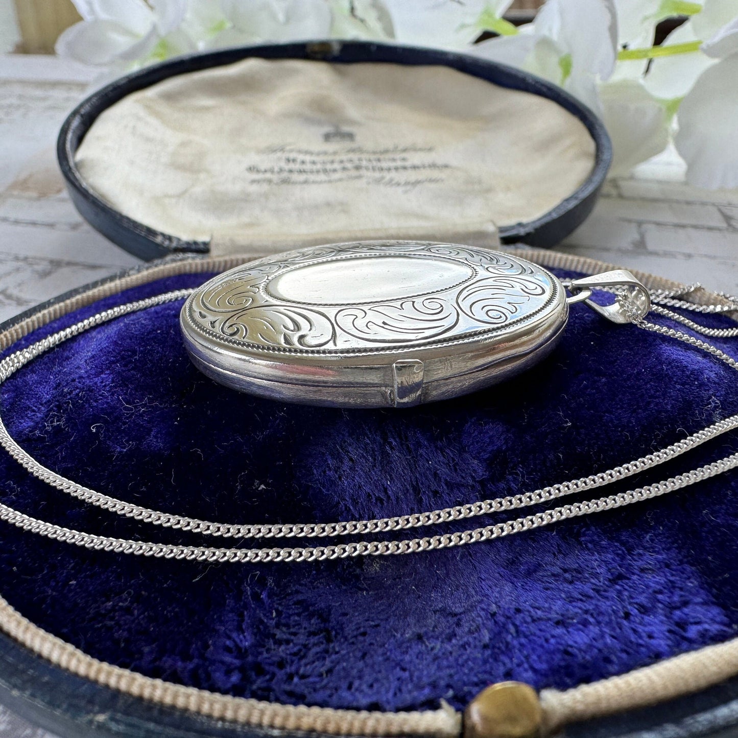 Vintage English Silver Large Oval Engraved Locket Pendant Necklace. Art Nouveau Style Floral Sterling Silver Photo/Keepsake Locket On Chain