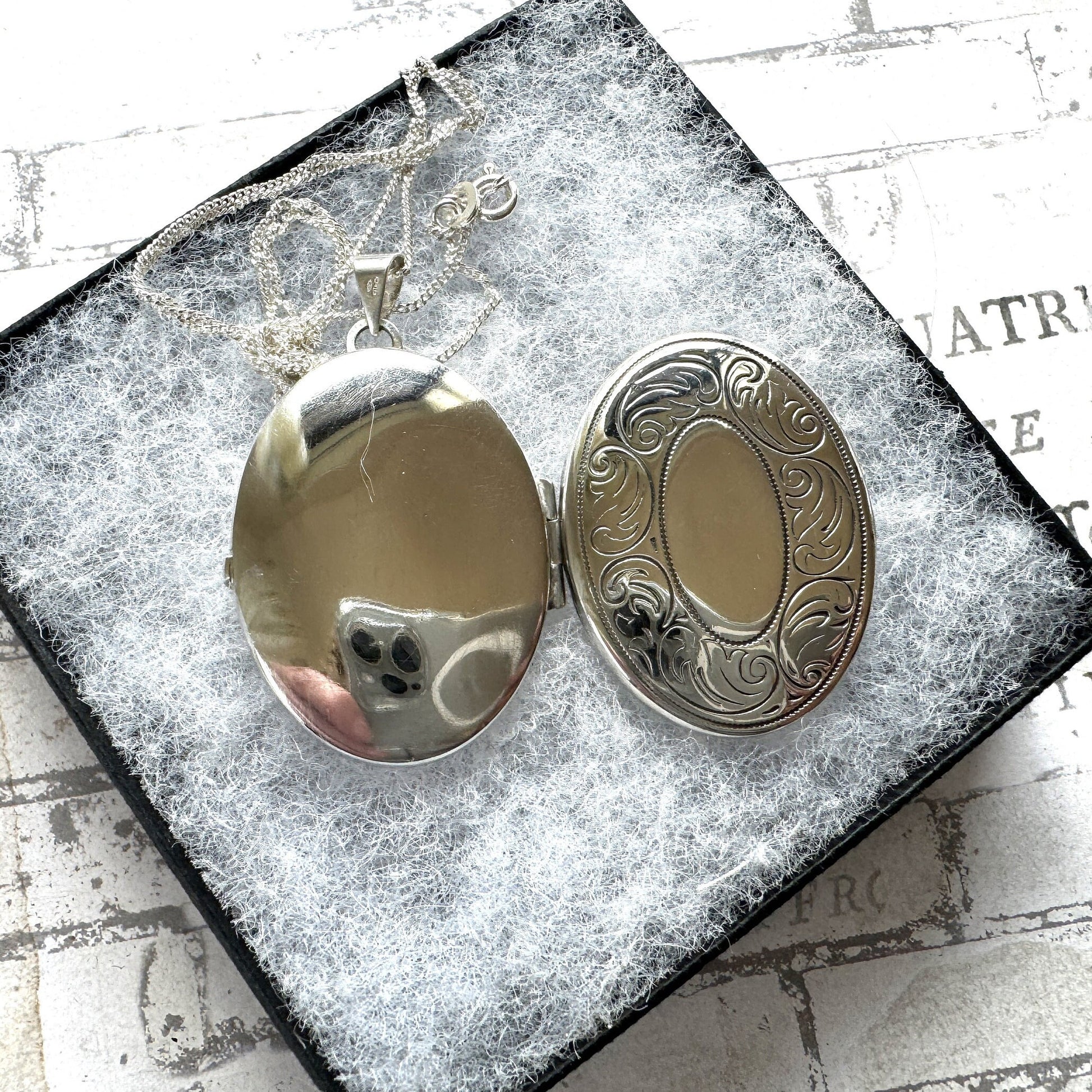 Vintage English Silver Large Oval Engraved Locket Pendant Necklace. Art Nouveau Style Floral Sterling Silver Photo/Keepsake Locket On Chain
