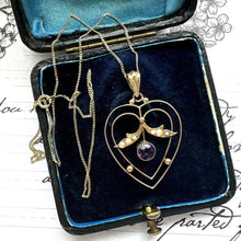 Cargar imagen en el visor de la galería, Antique 9ct Gold Amethyst &amp; Pearl Art Nouveau Heart Pendant Necklace. Victorian/Edwardian 9ct Gold Pendant With Optional 9ct Gold Chain
