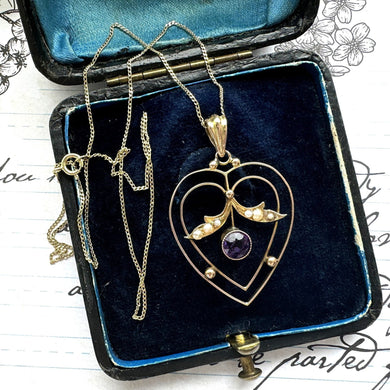 Antique 9ct Gold Amethyst & Pearl Art Nouveau Heart Pendant Necklace. Victorian/Edwardian 9ct Gold Pendant With Optional 9ct Gold Chain