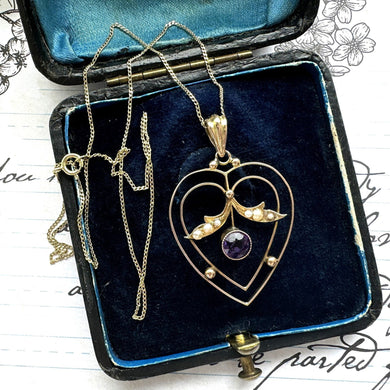 Antique Edwardian 9ct Gold Amethyst & Pearl Heart Pendant Necklace