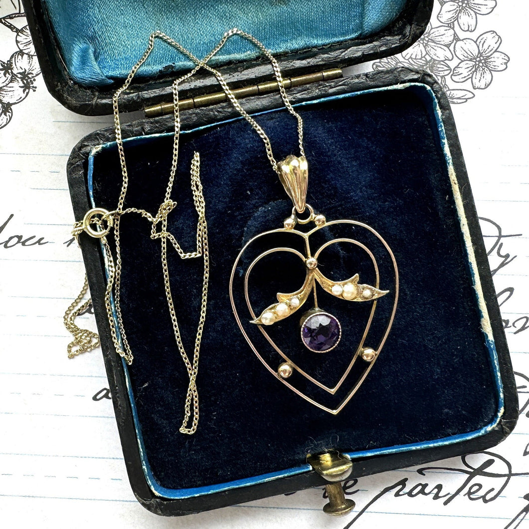 Antique Edwardian 9ct Gold Amethyst & Pearl Heart Pendant Necklace