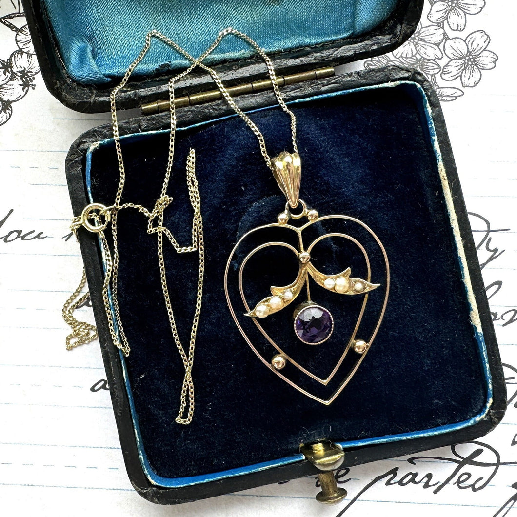 Antique 9ct Gold Amethyst & Pearl Art Nouveau Heart Pendant Necklace. Victorian/Edwardian 9ct Gold Pendant With Optional 9ct Gold Chain