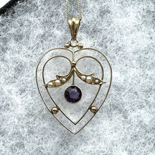 Lade das Bild in den Galerie-Viewer, Antique 9ct Gold Amethyst &amp; Pearl Art Nouveau Heart Pendant Necklace. Victorian/Edwardian 9ct Gold Pendant With Optional 9ct Gold Chain
