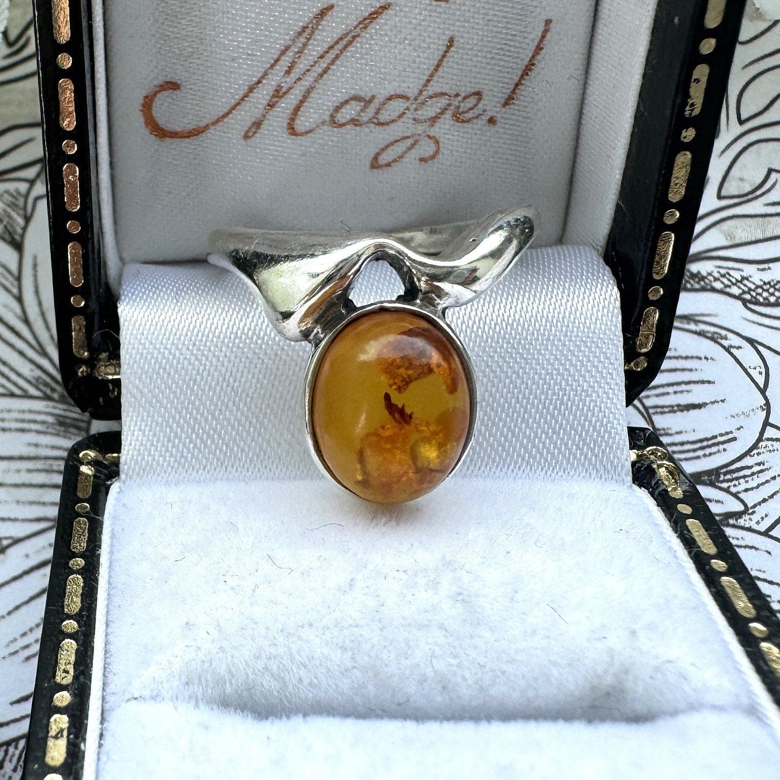 Vintage Baltic Amber Sterling Silver Modernist Statement Ring. Cognac Amber Abstract Silver Ring. Polish Amber Ring, Size UK L/US 5-3/4