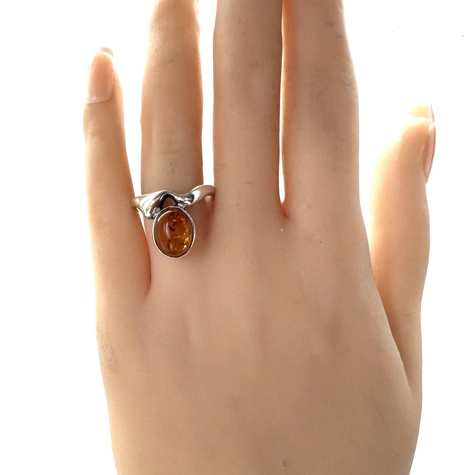Vintage Baltic Amber Sterling Silver Modernist Statement Ring. Cognac Amber Abstract Silver Ring. Polish Amber Ring, Size UK L/US 5-3/4