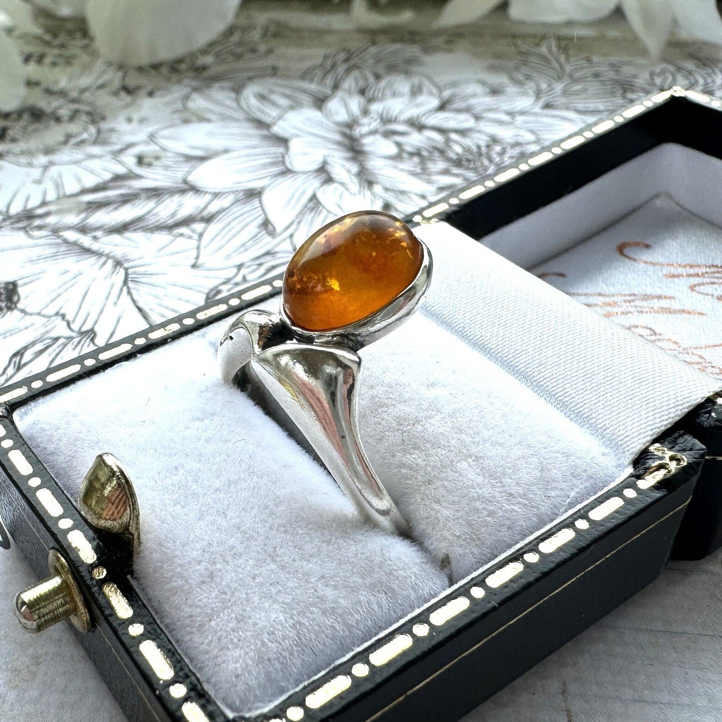 Vintage Baltic Amber Sterling Silver Modernist Statement Ring. Cognac Amber Abstract Silver Ring. Polish Amber Ring, Size UK L/US 5-3/4