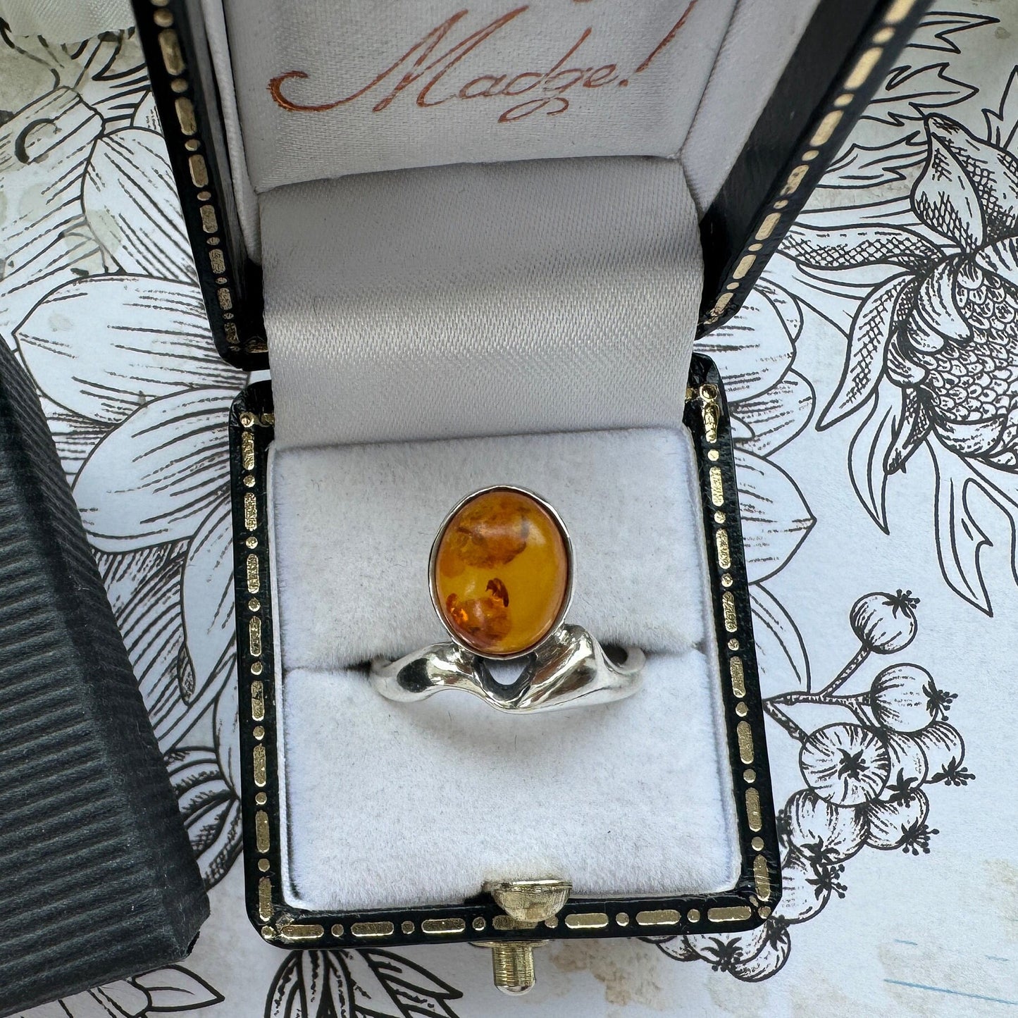 Vintage Baltic Amber Sterling Silver Modernist Statement Ring. Cognac Amber Abstract Silver Ring. Polish Amber Ring, Size UK L/US 5-3/4