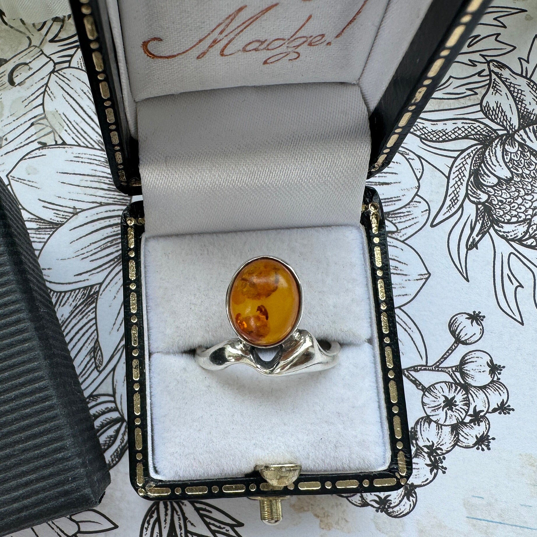 Vintage Baltic Amber Sterling Silver Modernist Statement Ring. Cognac Amber Abstract Silver Ring. Polish Amber Ring, Size UK L/US 5-3/4