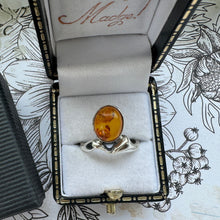 Load image into Gallery viewer, Vintage Baltic Amber Sterling Silver Modernist Statement Ring. Cognac Amber Abstract Silver Ring. Polish Amber Ring, Size UK L/US 5-3/4
