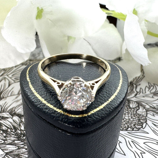 Vintage 9ct Gold 1.50ct White Crystal Solitaire Ring. Art Deco Style Classic Engagement Ring. CZ Simulated Diamond Solitaire Ring, M/6.25