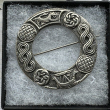 Load image into Gallery viewer, Vintage Scottish Silver Celtic Annular Ring Brooch, Robert Allison, Glasgow 1946. Celtic Knot Norse Viking Ship Sterling Silver Large Brooch
