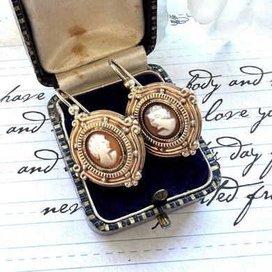 Victorian 9ct Gold Etruscan Revival Cameo Drop Earrings. Antique 9ct Gold Large Hook & Pendant Drop Earrings. Victorian Statement Earrings
