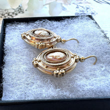 Carica l&#39;immagine nel visualizzatore di Gallery, Victorian 9ct Gold Etruscan Revival Cameo Drop Earrings. Antique 9ct Gold Large Hook &amp; Pendant Drop Earrings. Victorian Statement Earrings
