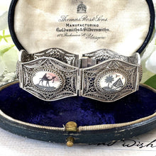 Charger l&#39;image dans la galerie, Antique Art Deco Egyptian Revival Niello Silver Filigree Bracelet. Vintage 1920s 800 Silver Black Enamel Scenic Panel Bracelet.

