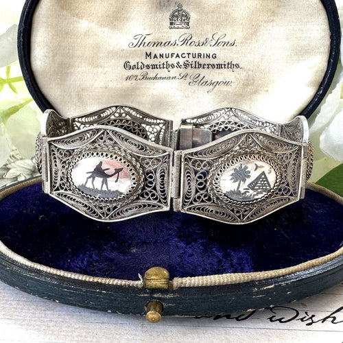 Antique Art Deco Egyptian Revival Niello Silver Filigree Bracelet. Vintage 1920s 800 Silver Black Enamel Scenic Panel Bracelet.