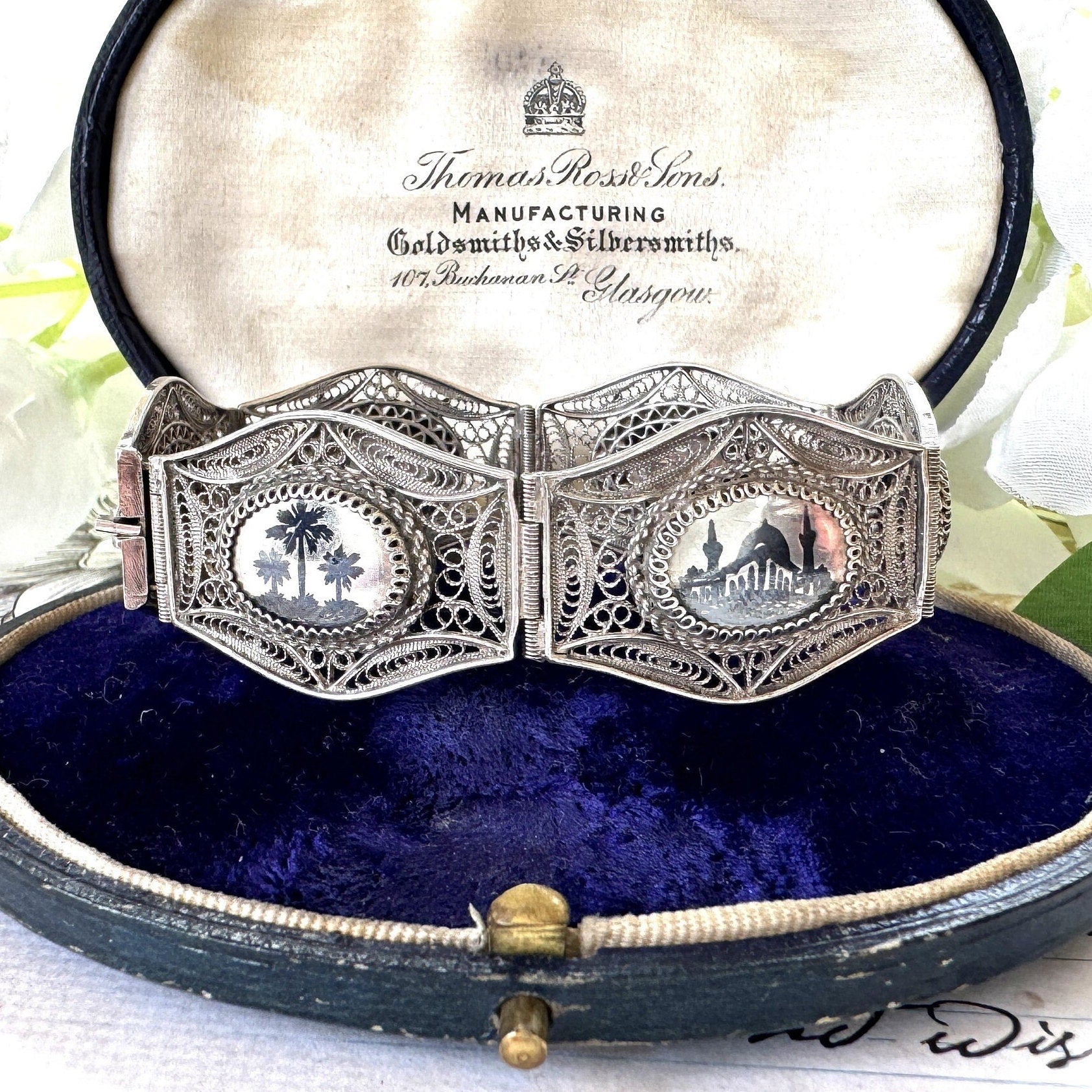 Antique Art Deco Egyptian Revival Niello Silver Filigree Bracelet. Vintage 1920s 800 Silver Black Enamel Scenic Panel Bracelet.