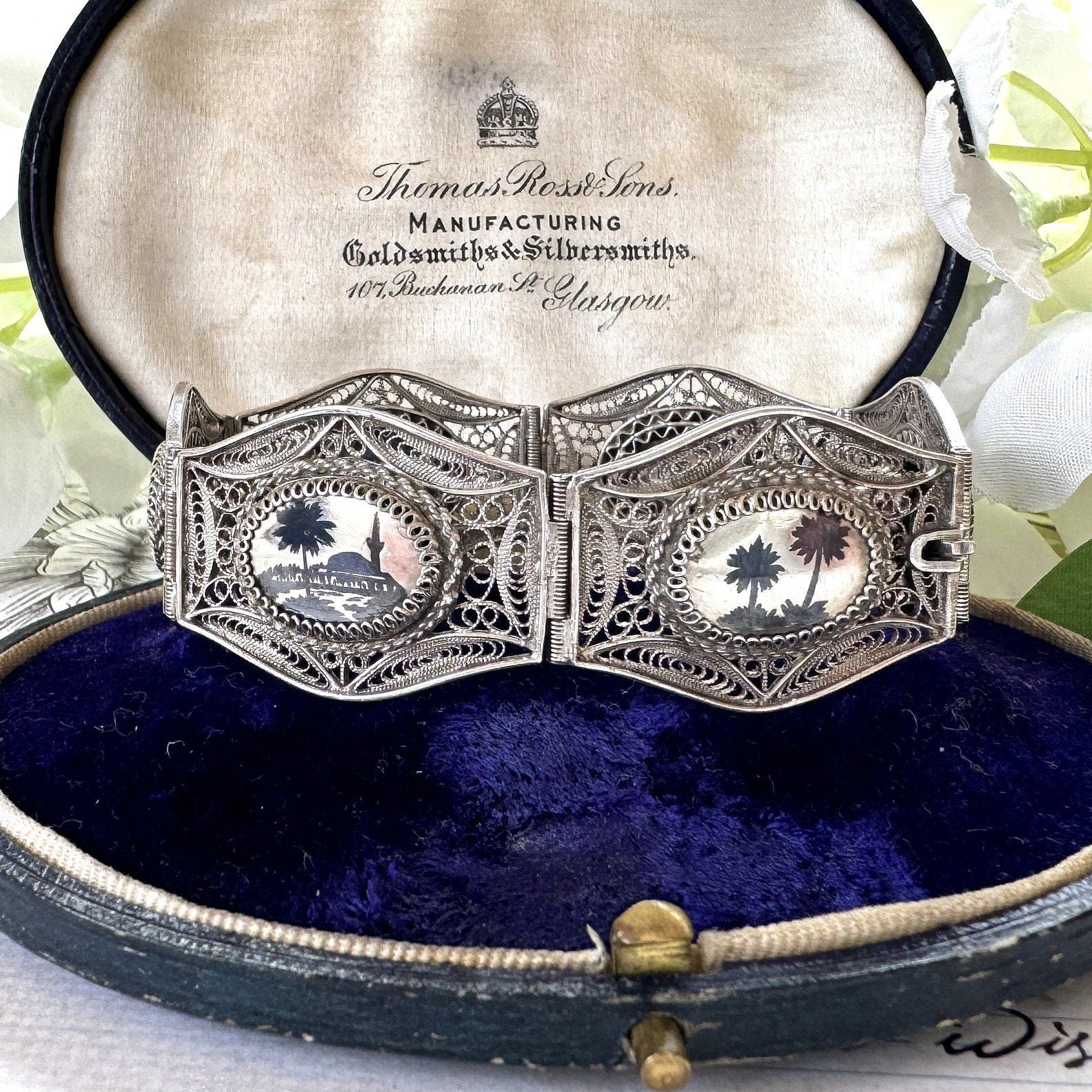 Antique Art Deco Egyptian Revival Niello Silver Filigree Bracelet. Vintage 1920s 800 Silver Black Enamel Scenic Panel Bracelet.