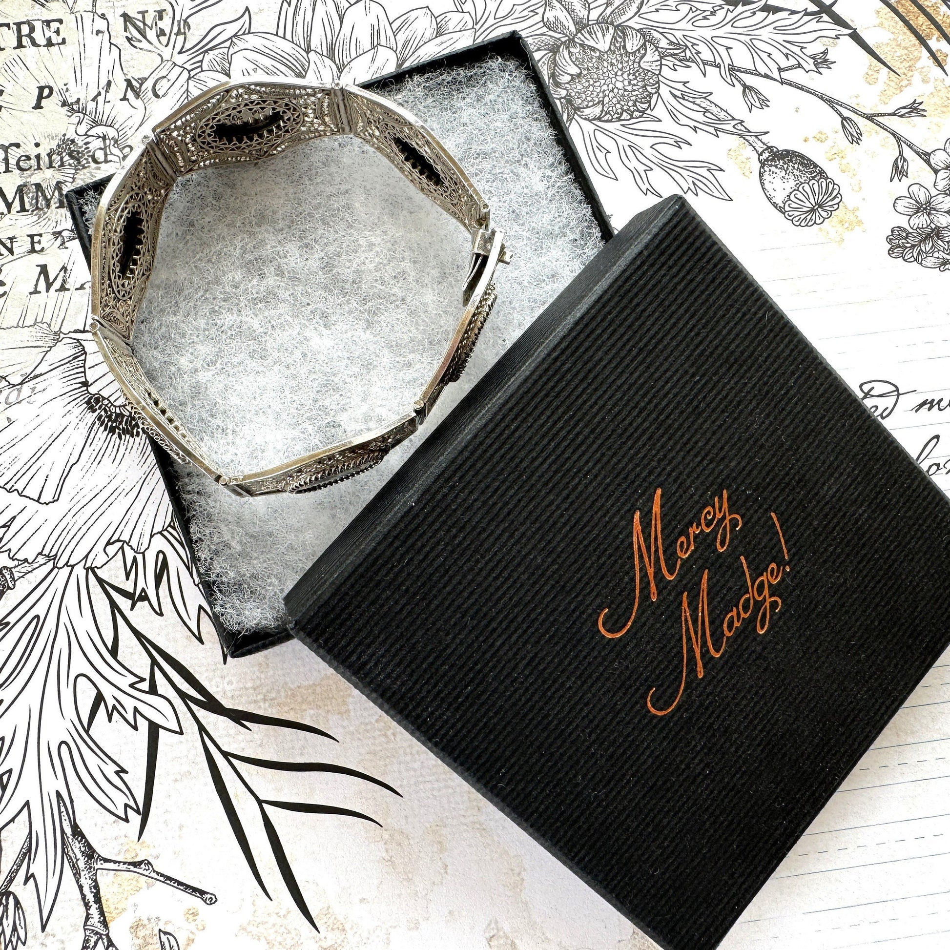 Antique Art Deco Egyptian Revival Niello Silver Filigree Bracelet. Vintage 1920s 800 Silver Black Enamel Scenic Panel Bracelet.