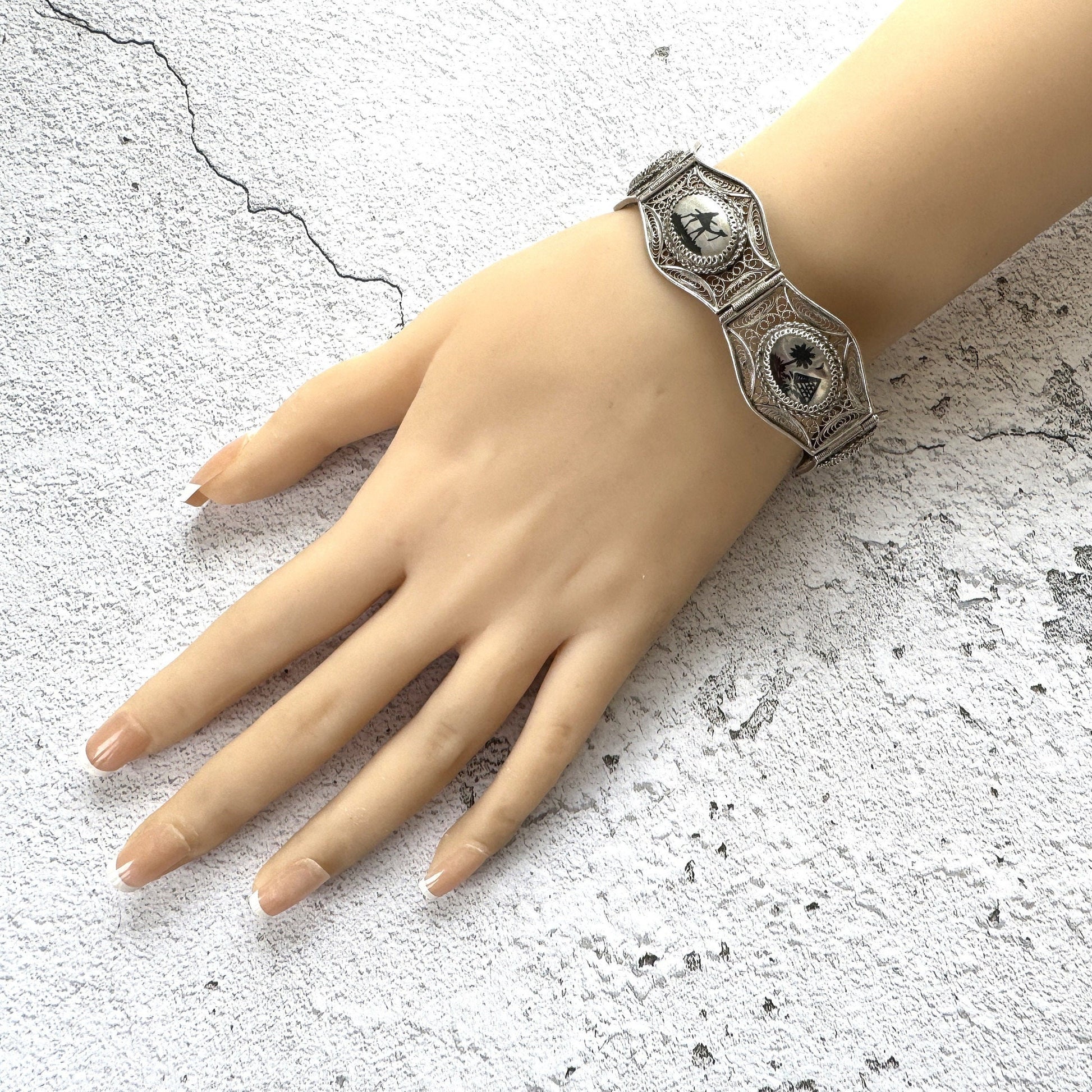 Antique Art Deco Egyptian Revival Niello Silver Filigree Bracelet. Vintage 1920s 800 Silver Black Enamel Scenic Panel Bracelet.