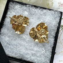 Load image into Gallery viewer, Vintage 14ct Rolled Gold Real Pearl Pansy Earrings. Krementz Gold Filled/Rolled Gold Screw Back Flower Earrings. 1950s Gold Pearl Earrings
