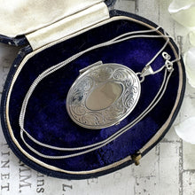 Load image into Gallery viewer, Vintage English Silver Large Oval Engraved Locket Pendant Necklace. Art Nouveau Style Floral Sterling Silver Photo/Keepsake Locket On Chain

