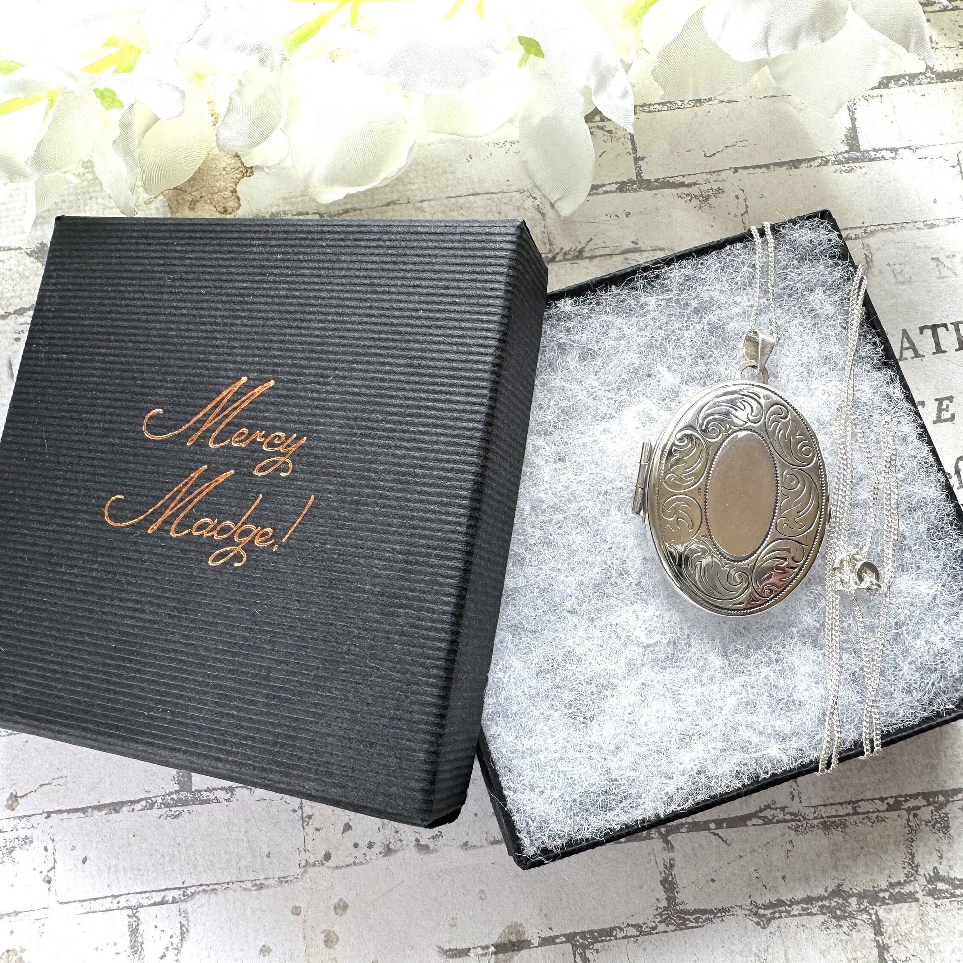 Vintage English Silver Large Oval Engraved Locket Pendant Necklace. Art Nouveau Style Floral Sterling Silver Photo/Keepsake Locket On Chain