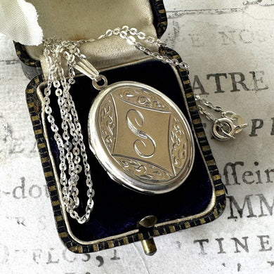 Vintage English Silver Engraved Monogram Locket Pendant Necklace. Sterling Silver Initial 