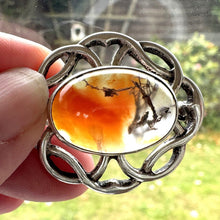 Load image into Gallery viewer, Vintage Scottish Silver Celtic Knot Dendritic Agate Brooch. Oval Sterling Silver Eternity/Love Knot Cairngorm Scottish Pebble Lapel Pin.
