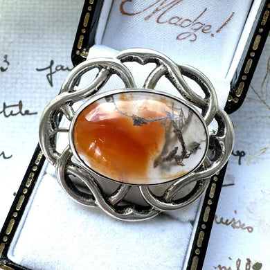 Vintage Scottish Silver Celtic Knot Dendritic Agate Brooch. Oval Sterling Silver Eternity/Love Knot Cairngorm Scottish Pebble Lapel Pin.