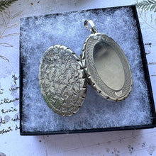 Load image into Gallery viewer, Antique Victorian Sterling Silver Engraved Ivy Locket Pendant. Large Ornate Flat Oval Photo Locket. Aesthetic Engraved Sweetheart Locket
