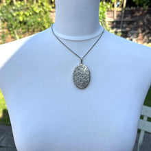 Load image into Gallery viewer, Antique Victorian Sterling Silver Engraved Ivy Locket Pendant. Large Ornate Flat Oval Photo Locket. Aesthetic Engraved Sweetheart Locket
