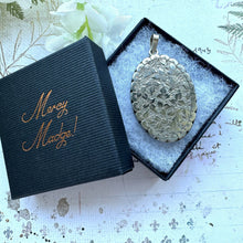 Load image into Gallery viewer, Antique Victorian Sterling Silver Engraved Ivy Locket Pendant. Large Ornate Flat Oval Photo Locket. Aesthetic Engraved Sweetheart Locket
