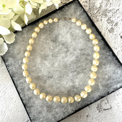 Vintage Round Baroque Pearl Necklace With Sterling Silver Filigree Clasp. Large 9/10mm Creamy Ivory Freshwater Pearl Choker Necklace, 15