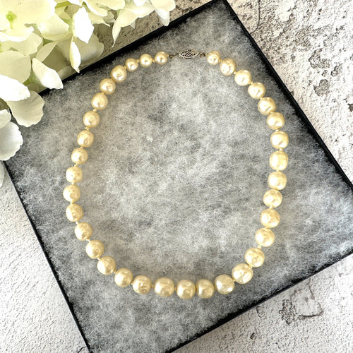 Vintage Round Baroque Pearl Necklace With Sterling Silver Filigree Clasp. Large 9/10mm Creamy Ivory Freshwater Pearl Choker Necklace, 15