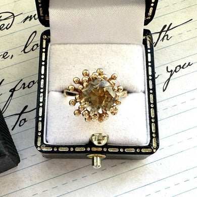 Vintage 9ct Gold Citrine Sea Anemone Ring. 1970's Yellow Green Citrine Solitaire Statement Ring. Designer Cocktail Ring Size N-1/2/ US 7