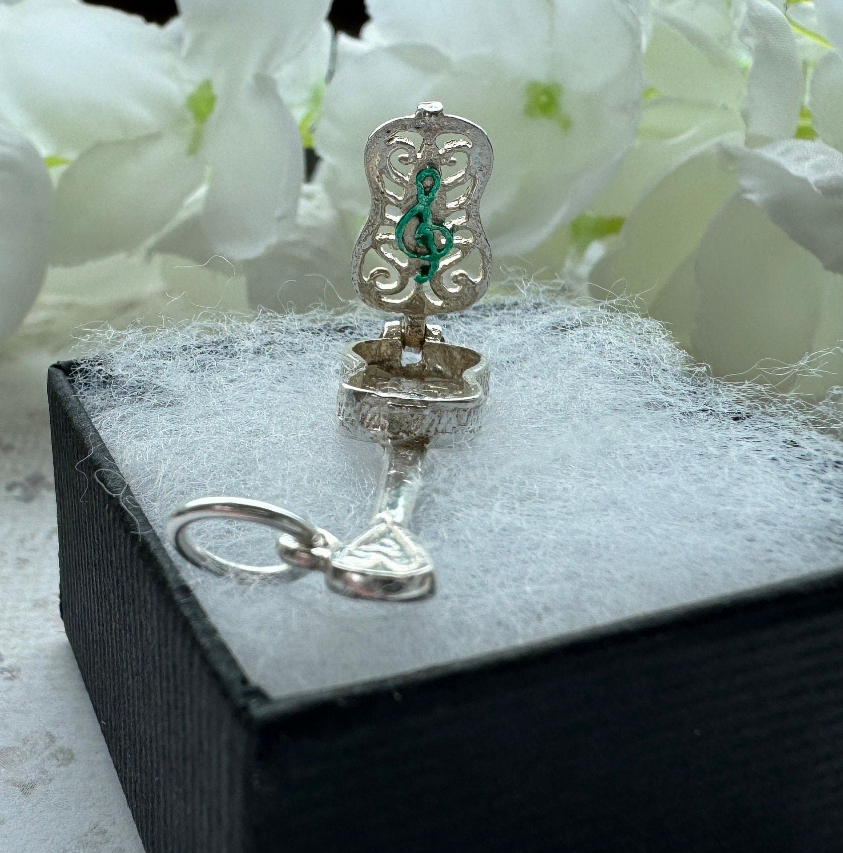 Vintage Sterling Silver Filigree Guitar Charm Pendant - Opens to Reveal Treble Clef. Small English Silver Musical Pendant, Optional Chain