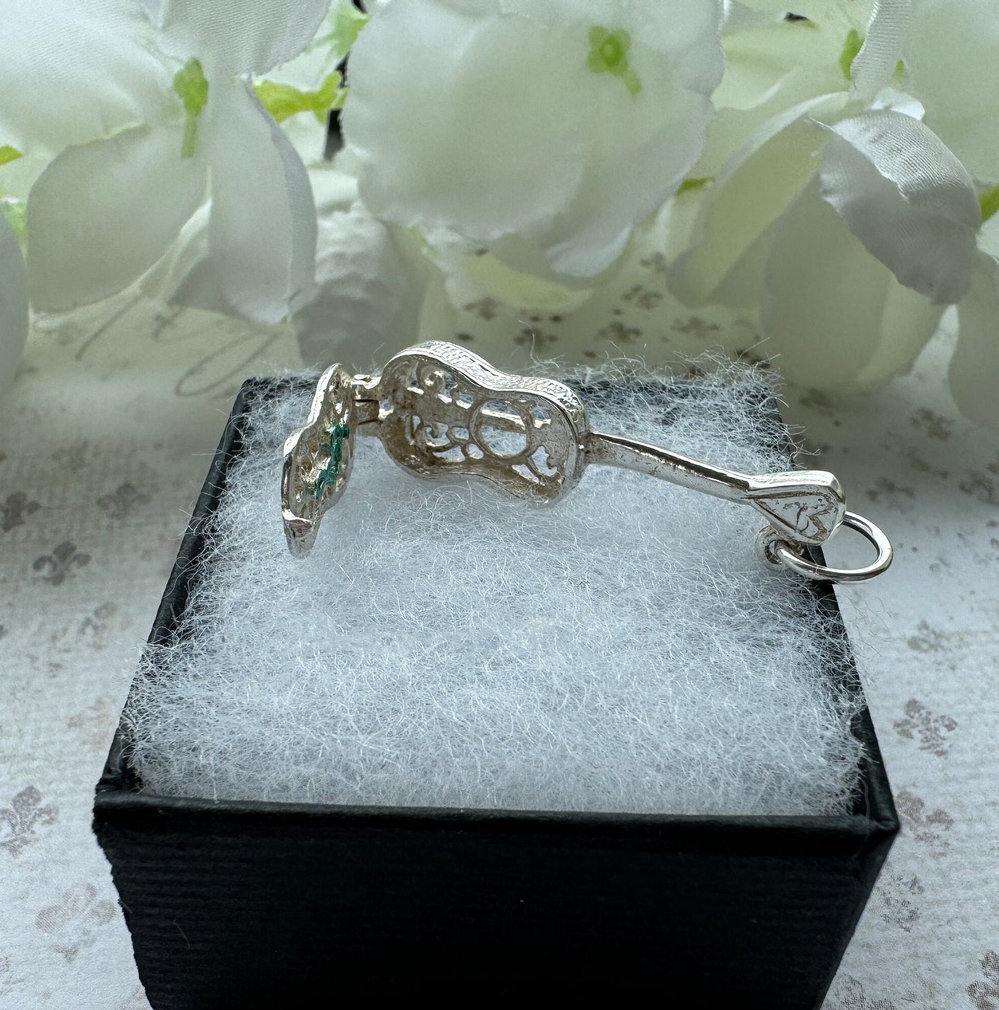 Vintage Sterling Silver Filigree Guitar Charm Pendant - Opens to Reveal Treble Clef. Small English Silver Musical Pendant, Optional Chain