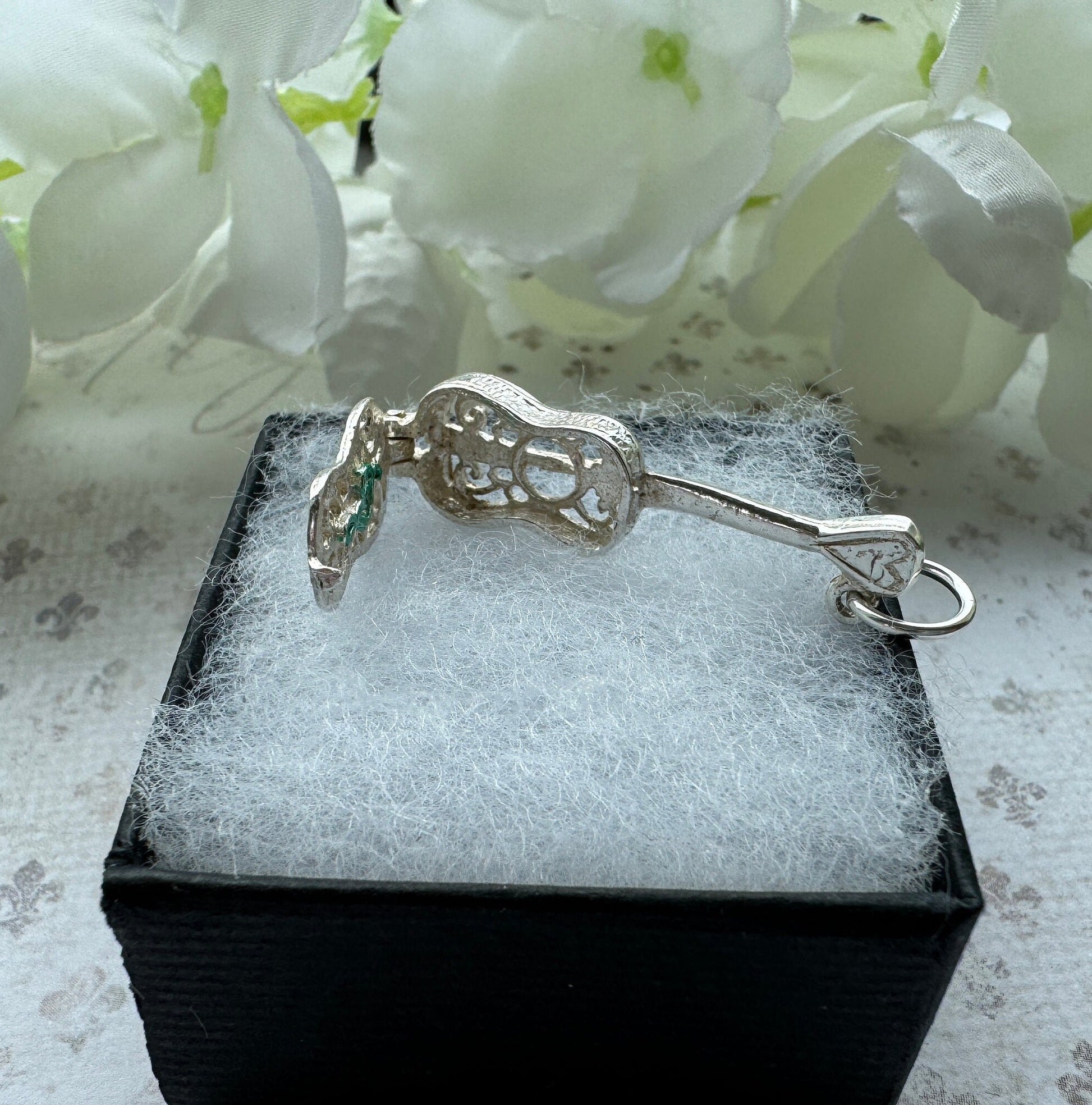 Vintage Sterling Silver Filigree Guitar Charm Pendant - Opens to Reveal Treble Clef. Small English Silver Musical Pendant, Optional Chain