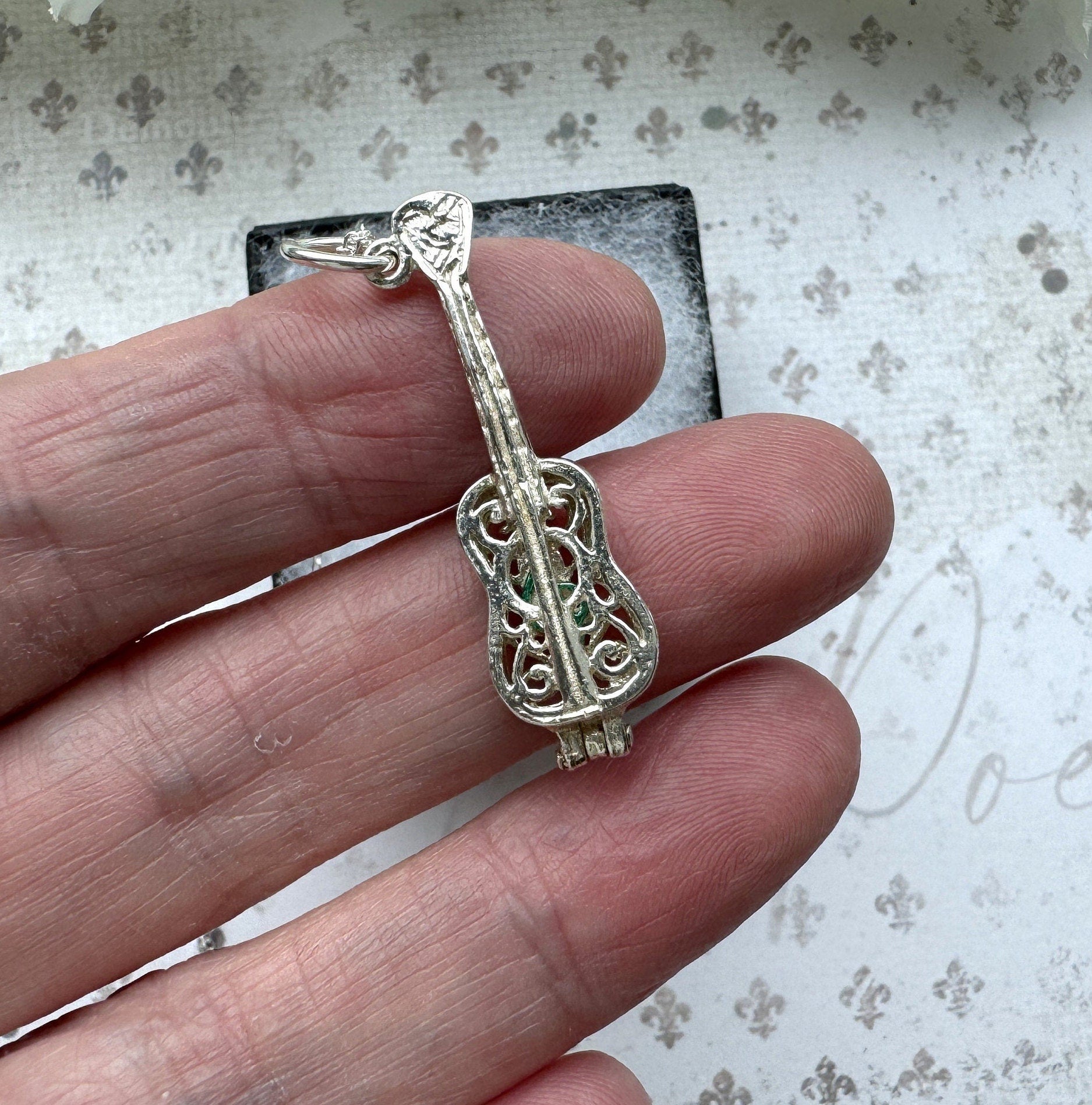 Vintage Sterling Silver Filigree Guitar Charm Pendant - Opens to Reveal Treble Clef. Small English Silver Musical Pendant, Optional Chain