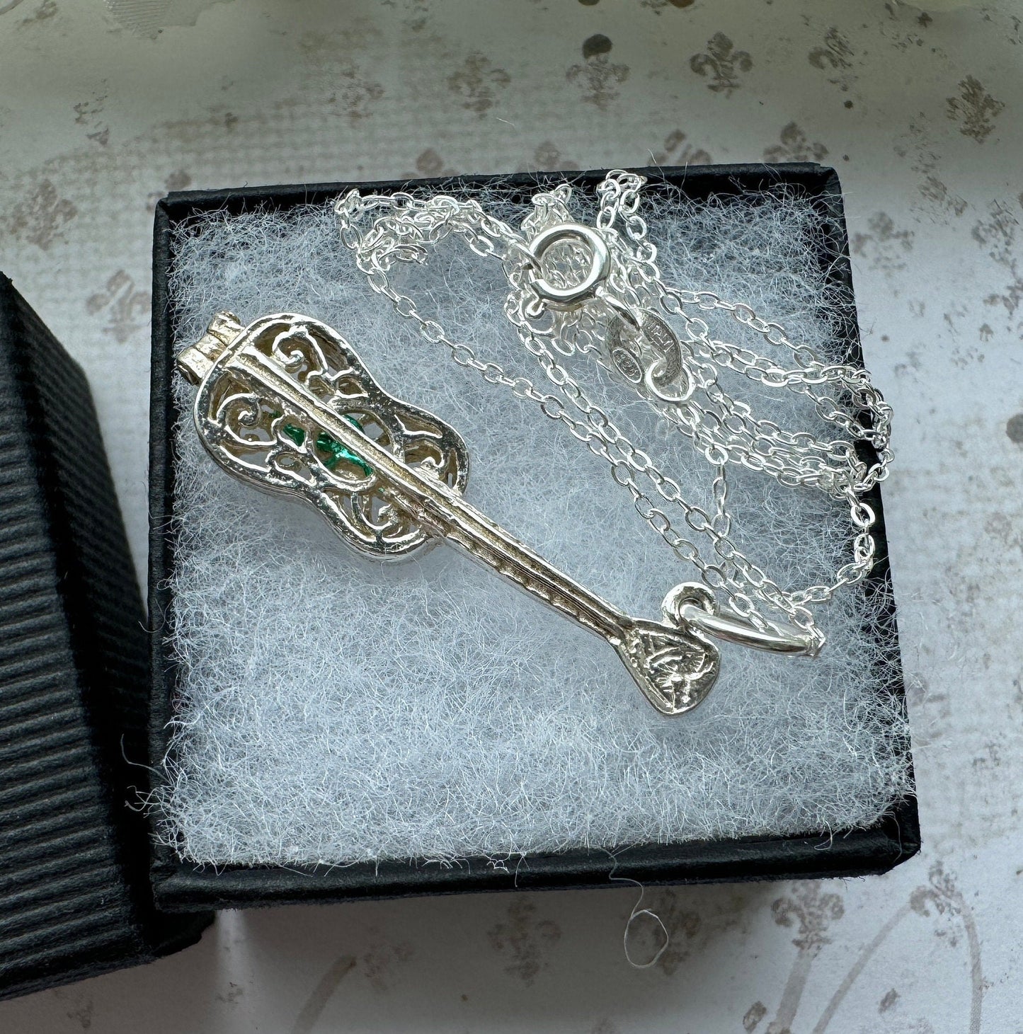 Vintage Sterling Silver Filigree Guitar Charm Pendant - Opens to Reveal Treble Clef. Small English Silver Musical Pendant, Optional Chain