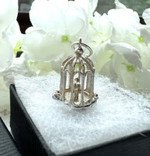 Lade das Bild in den Galerie-Viewer, Vintage Sterling Silver Birdcage English Charm Pendant - Opens to Reveal Love Bird. Small Romantic Love Token Pendant With Optional Chain.
